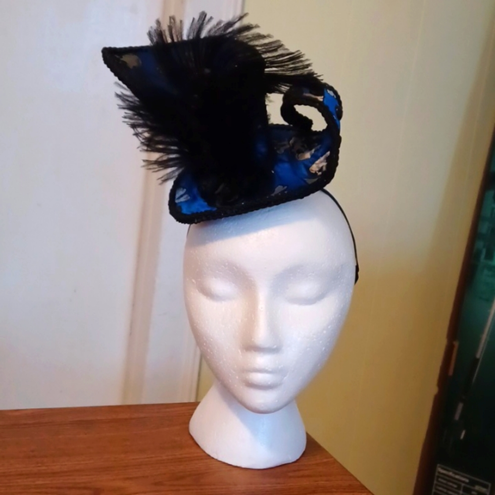 Bubbles and Frown Royal Blue and Black brocade skull mini top hat